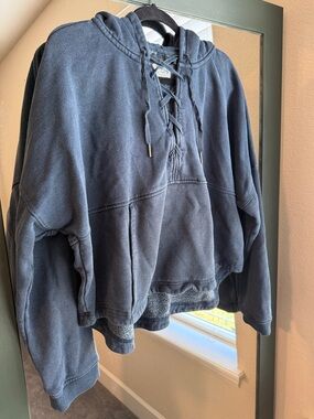 Prana Lace-Up V-Neck Hooded Sweater - Navy